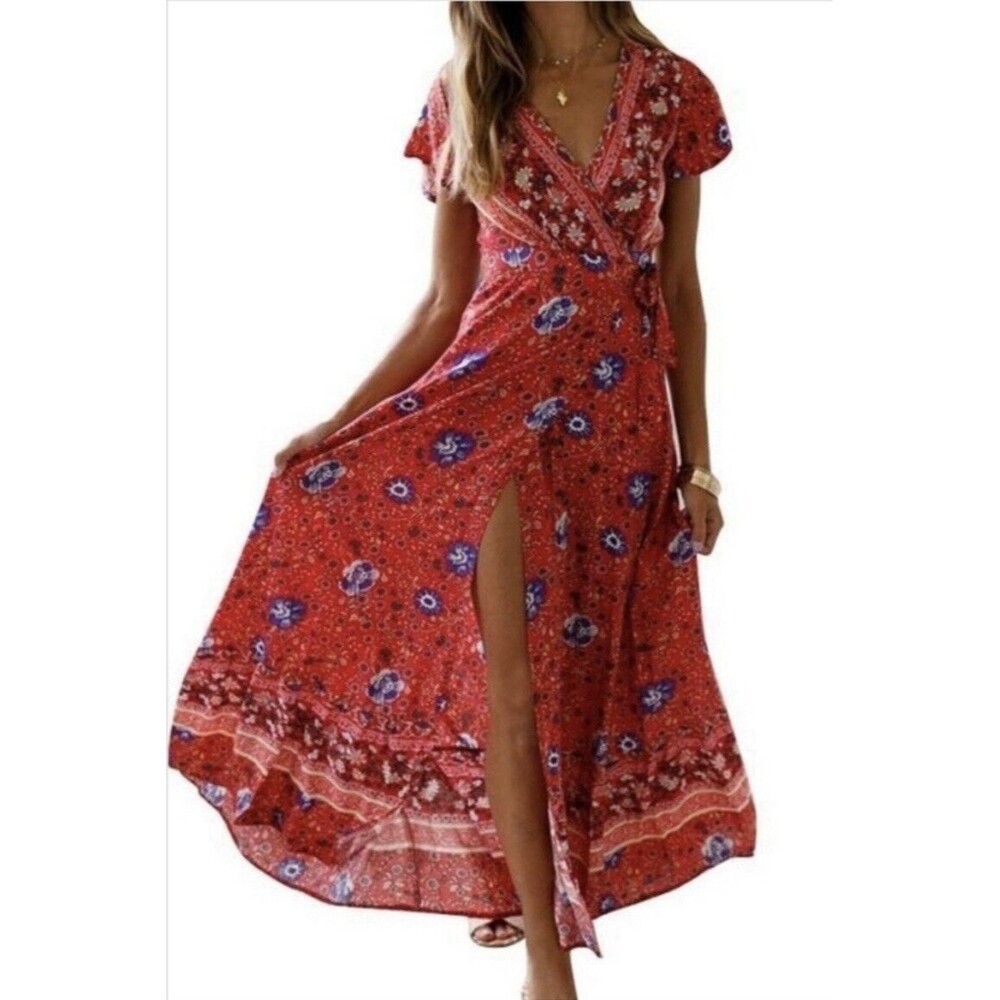 Highness True Wrap Dress Red Floral Boho Sz Med Maxi